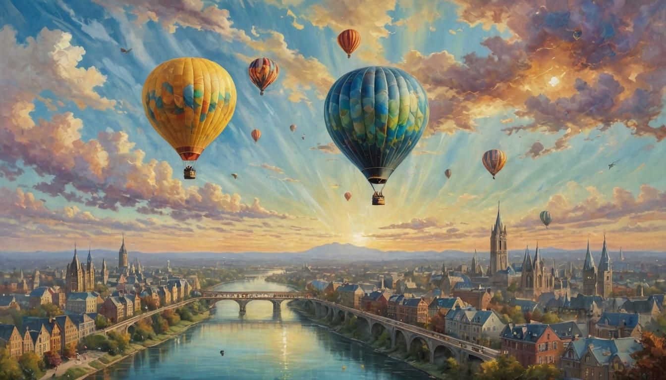 Colorful Hot Air Balloon Over City Skyline as Impasto Painti...