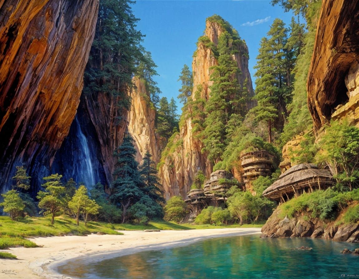 Ewok Cliff Village in Oil Painting Style