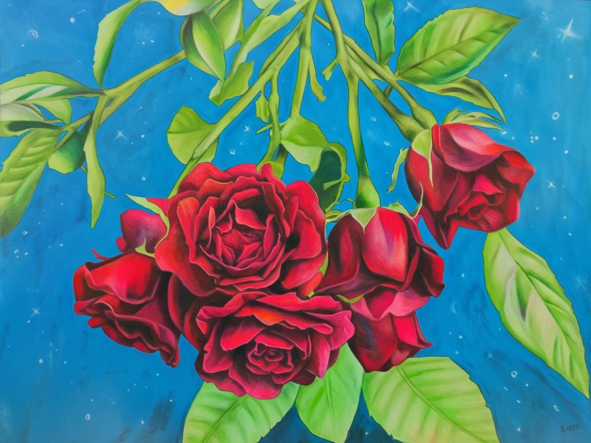 Vibrant Colored Pencil Drawing of Red Roses