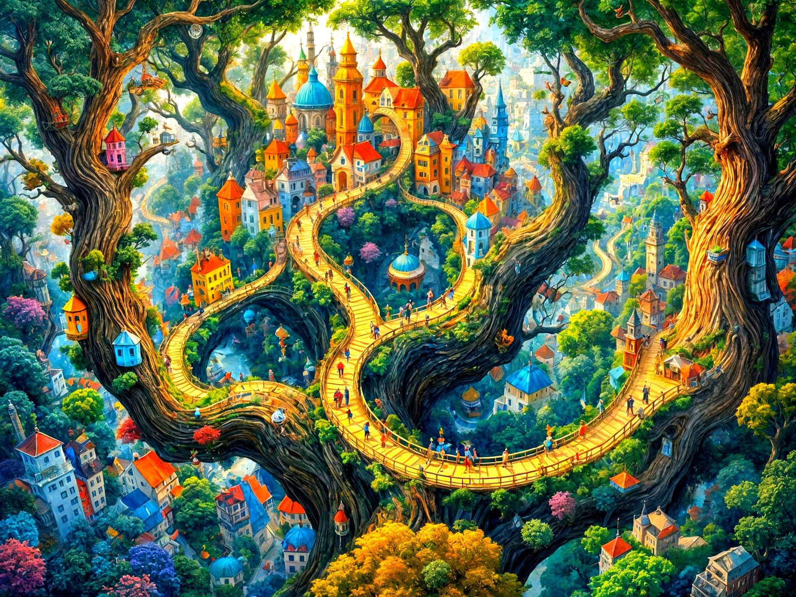 Fantastical Tree City in Mixed Media Style