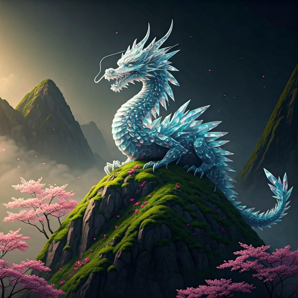 Crystal Dragon on Misty Mountain Peak