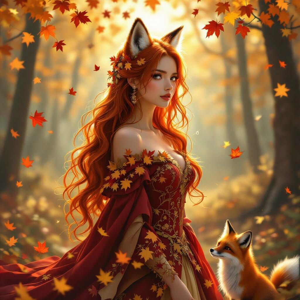 Autumn Fox Spirit in Enchanted Forest, Fantasy Art