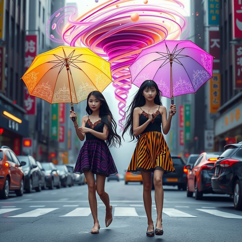 Ethereal Asian Changeling Girls Walk City Street in Vibrant...