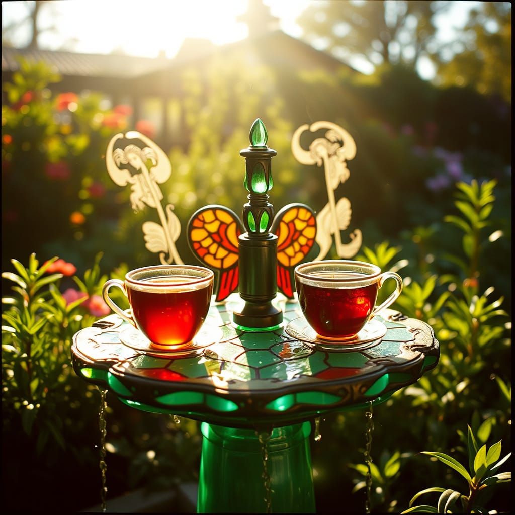 Steaming Tea on Stained Glass Fountain in Sunlight