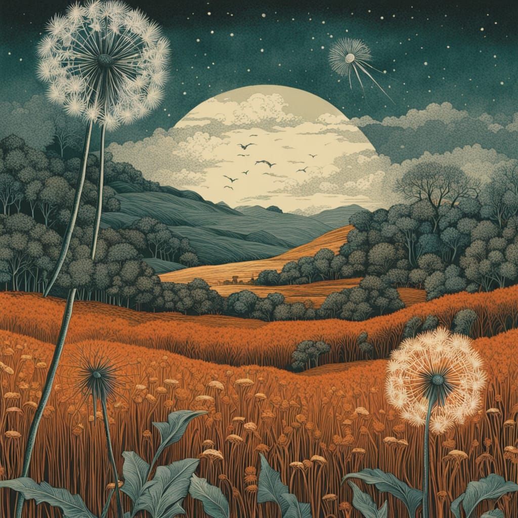 Dainty Dandelion Blooms in Whimsical Linoprint