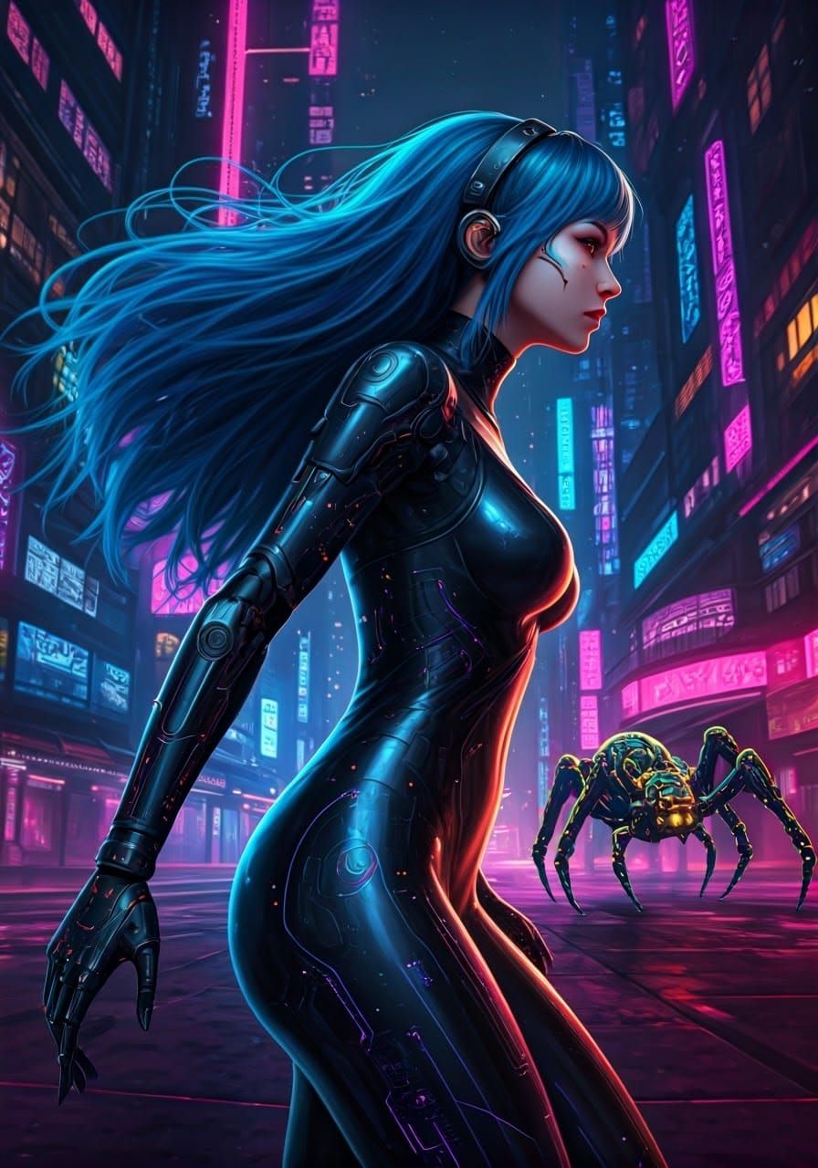 Cyberpunk Hacker in Neon-Lit Cityscape