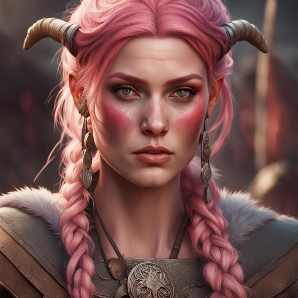 Viking Woman Portrait with Pink Hair, Detailed Art