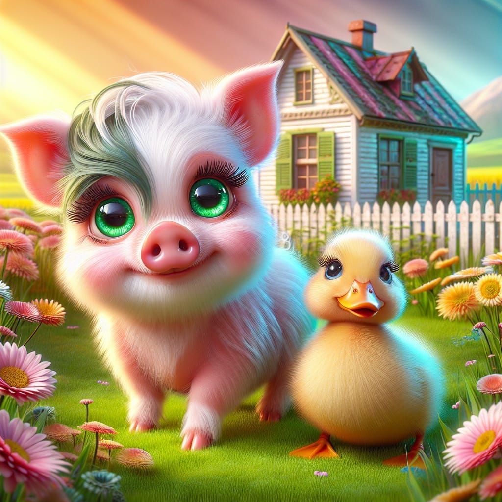 Adorable Piglet and Duckling in Lush Field