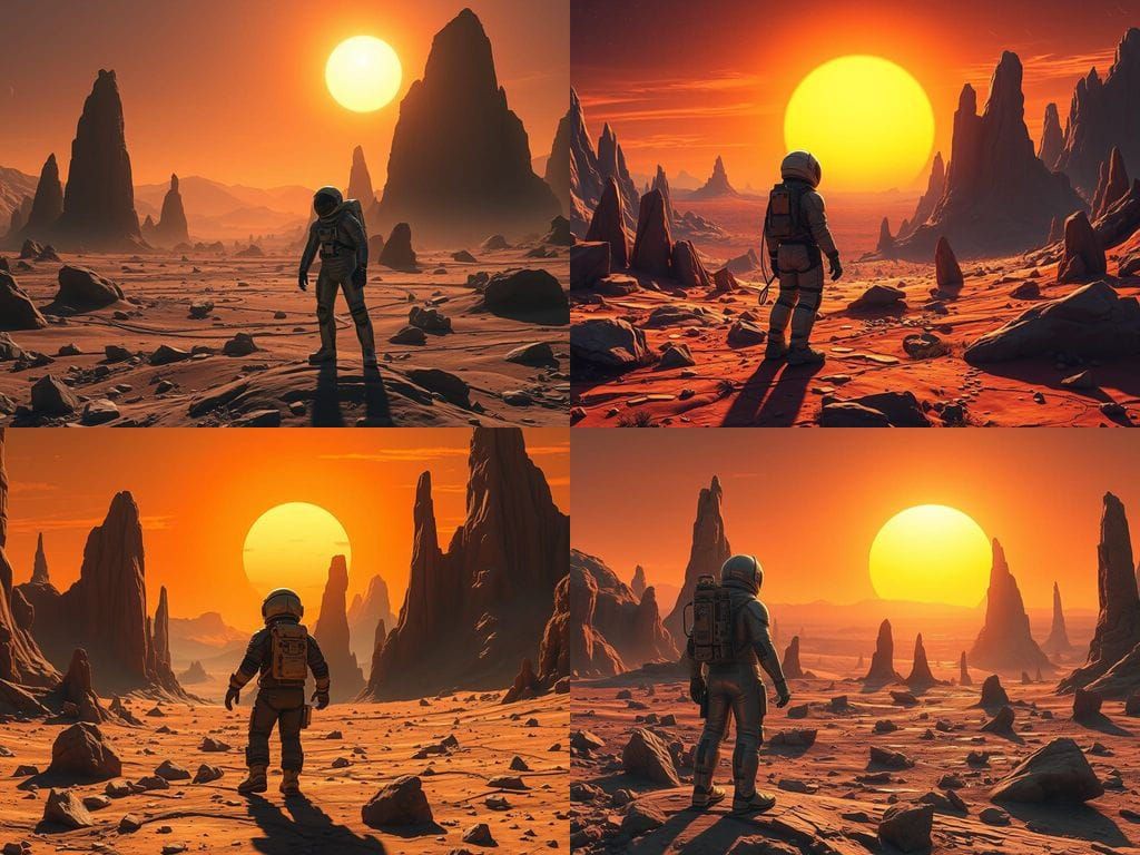 Astronaut on Alien Planet with Binary Sunset