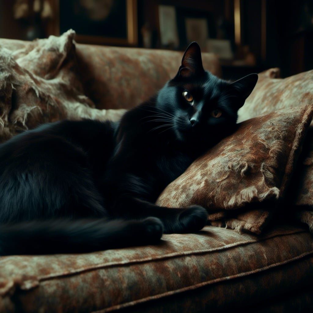 Black Cat Resting on Werewolf Lap, Hyperrealistic