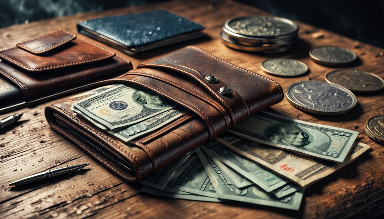 Futuristic Currency and Old Journal on Wooden Desk