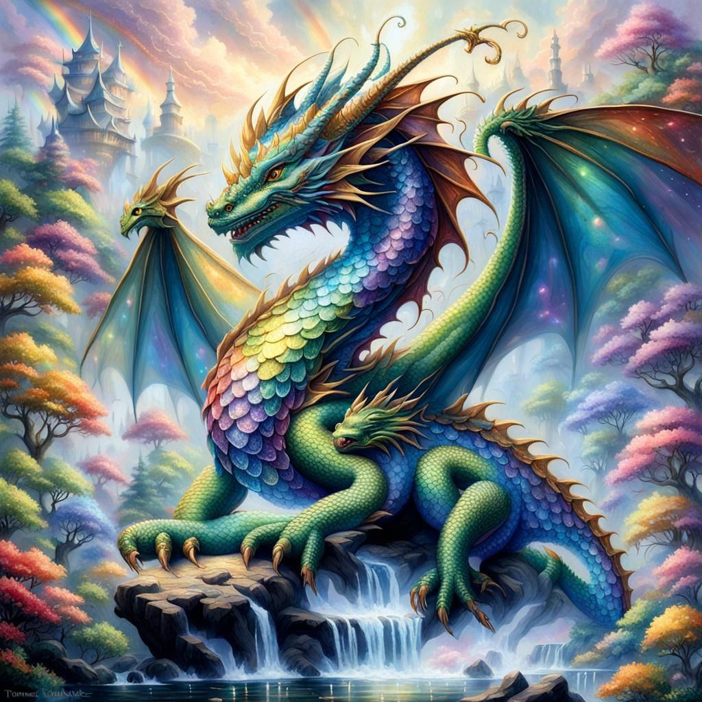 Rainbow Dragon with Jeweled Scales in Ethereal Mist