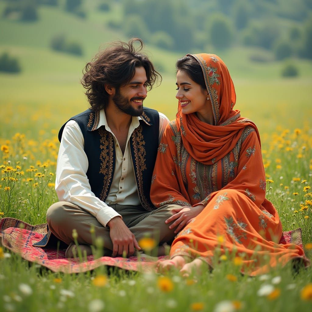 Afghan Couple in Idyllic Green Field Picnic
