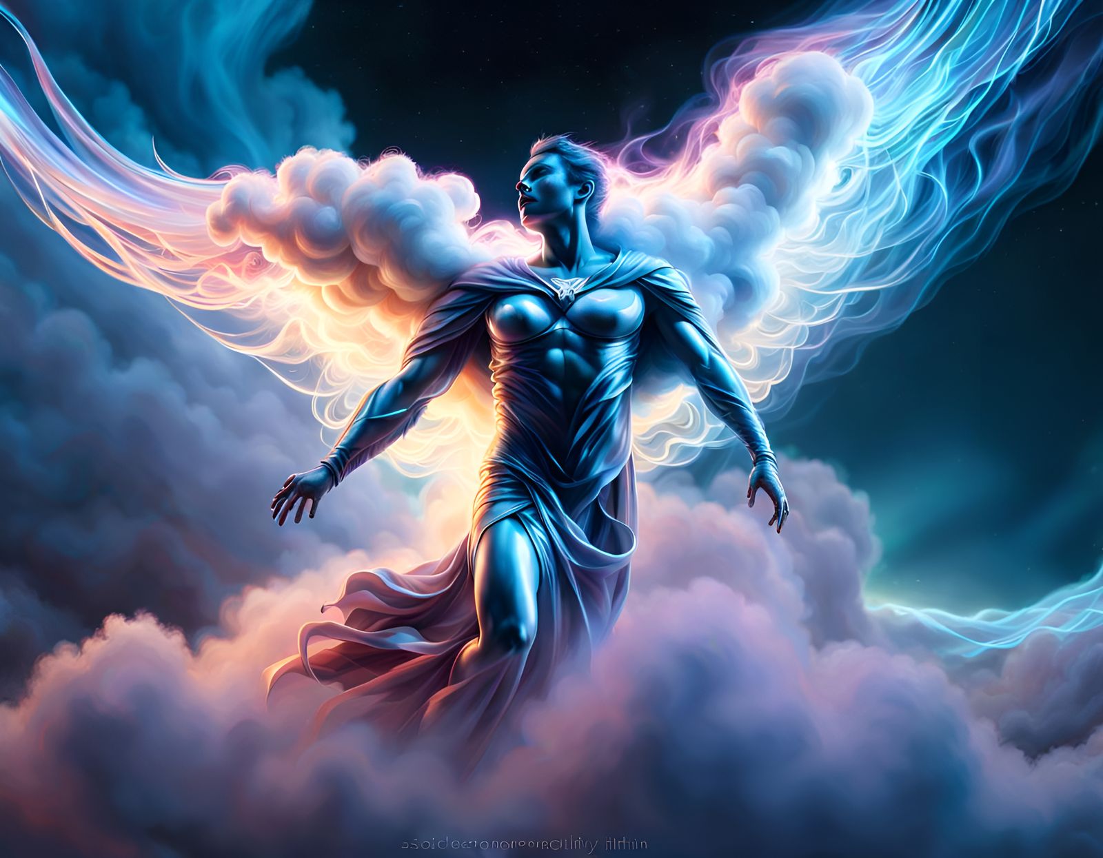 Iridescent Superhero Angel Emerging from Clouds