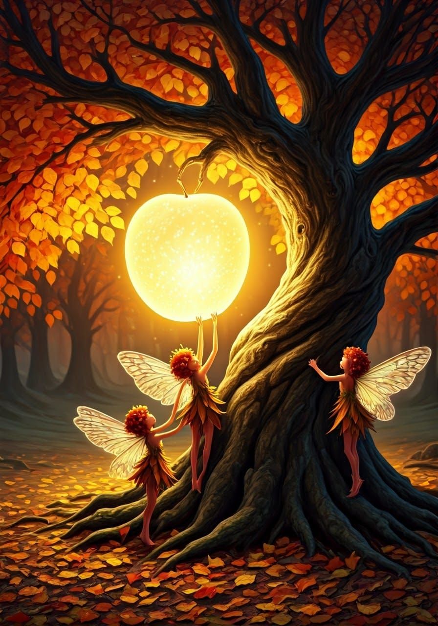 Fairies Harvest Ambrosia Apple: Ethereal Autumn Scene