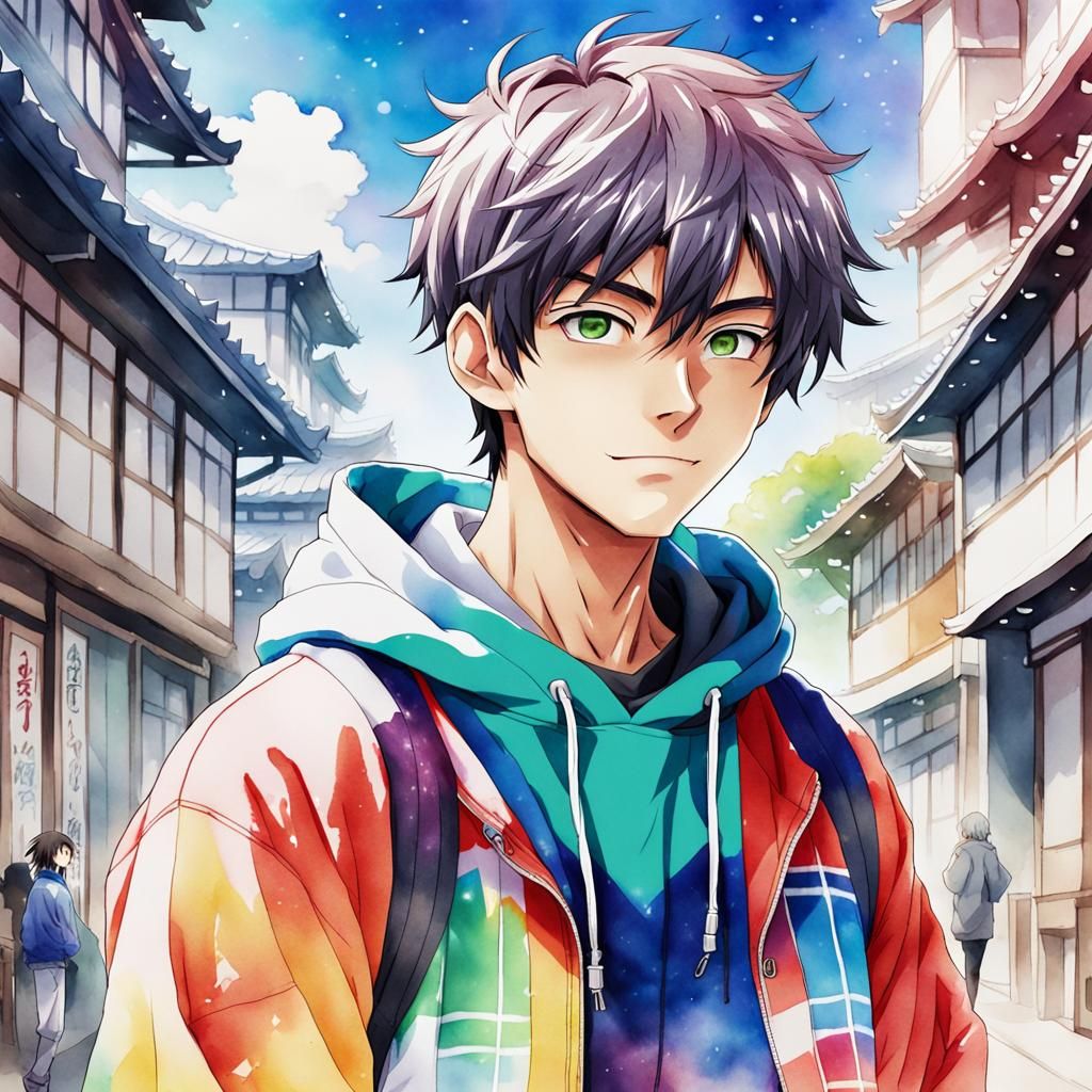 Anime Teen in Colorful Hoodie at School Festival
