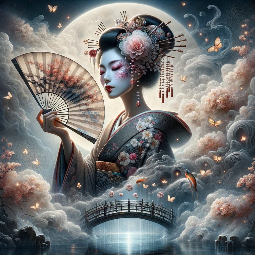 Ethereal Geisha Drifting Through Cherry Blossom Mist