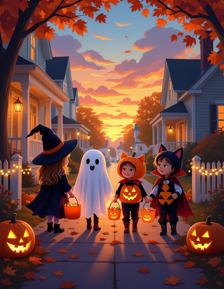 Children Trick-or-Treating in Whimsical Halloween Costumes a...