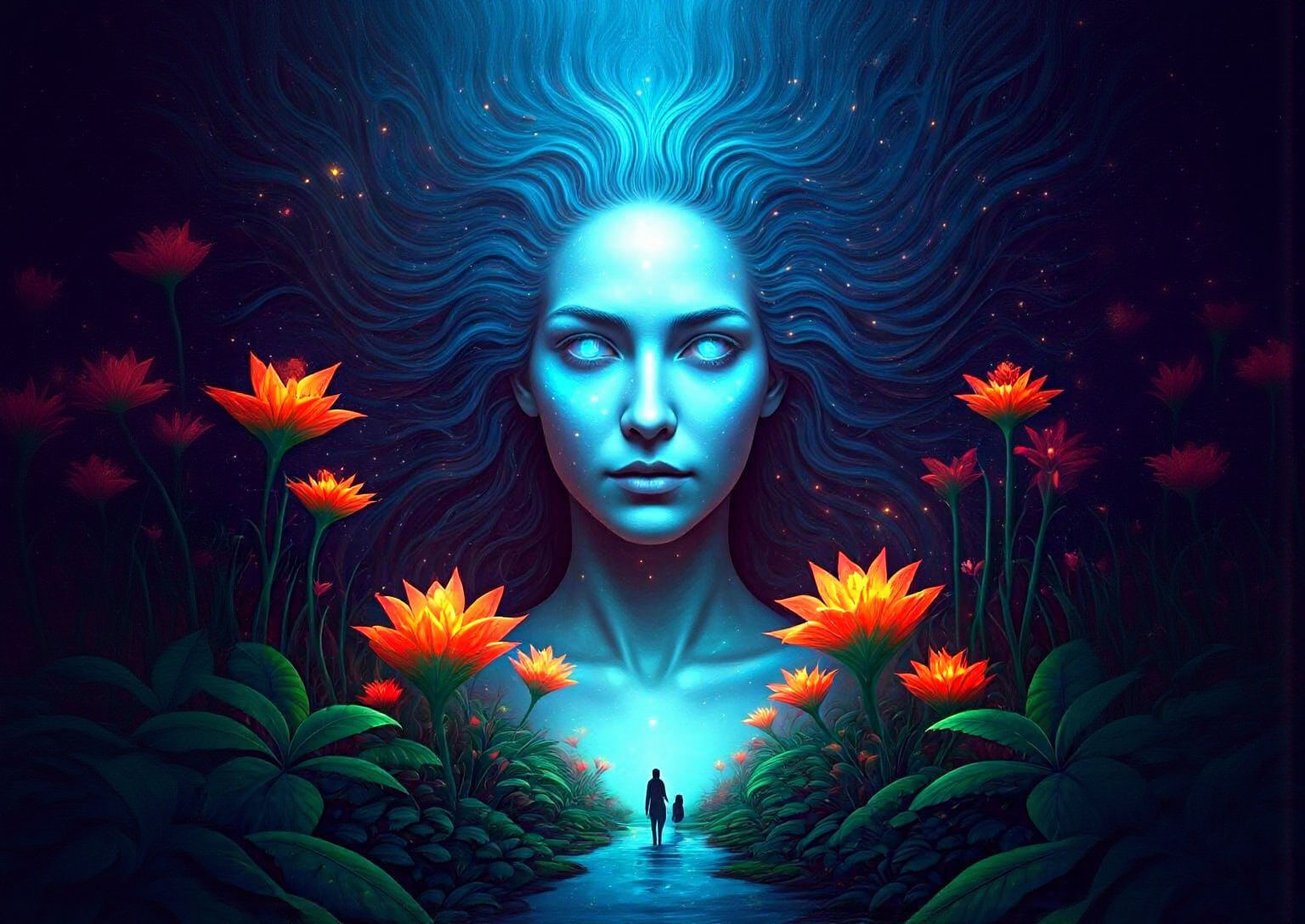 Ghostly Starlight Woman in Glowing Forest