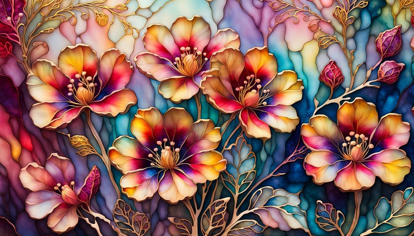 Vibrant Stained Glass Flowers in a Golden Glow