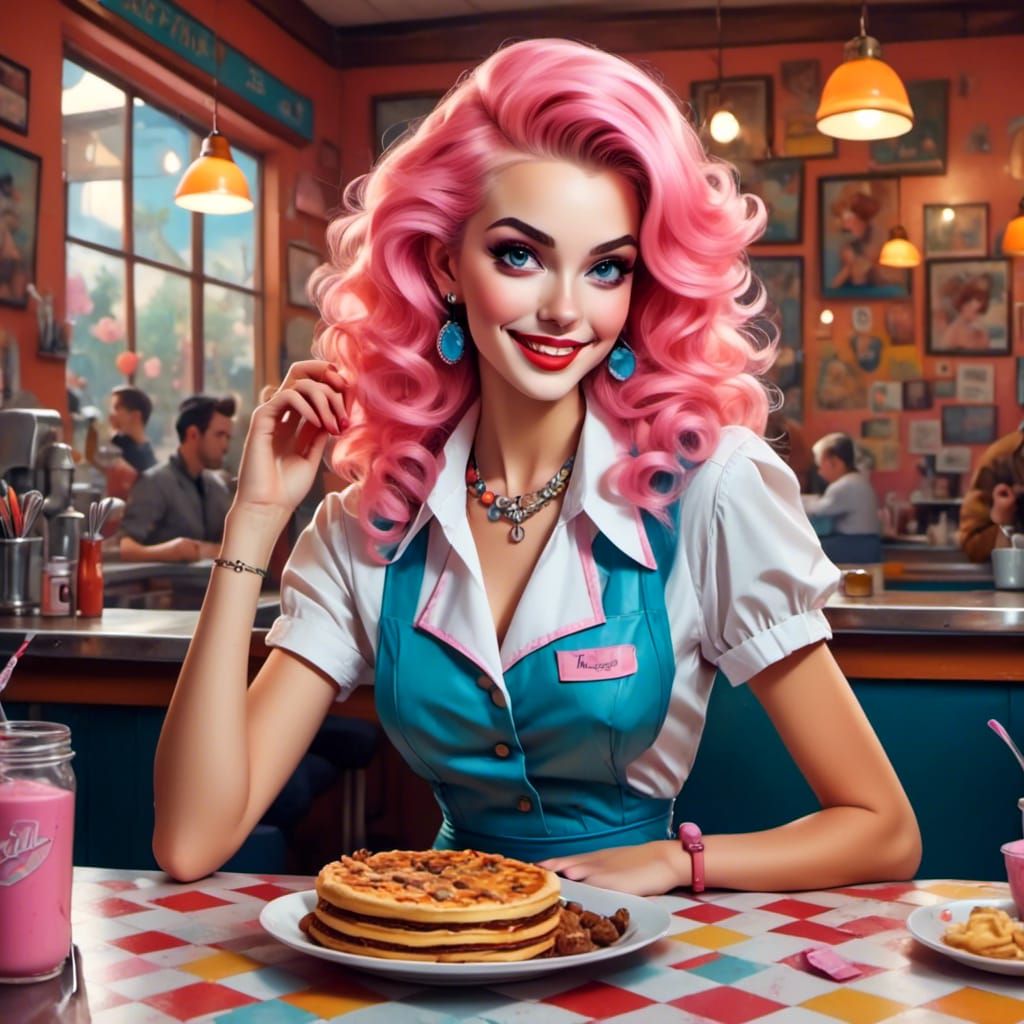 Beautiful Waitress in 50s Diner With Bright Hair