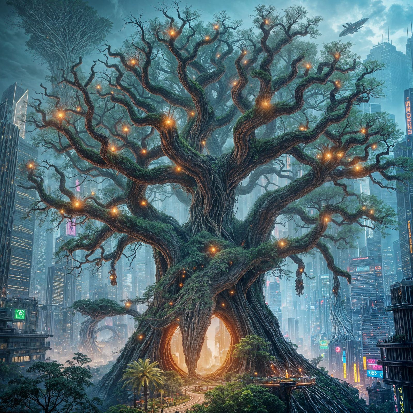 Futuristic Metropolis: Ancient Tree Portal in Cyberpunk Styl...