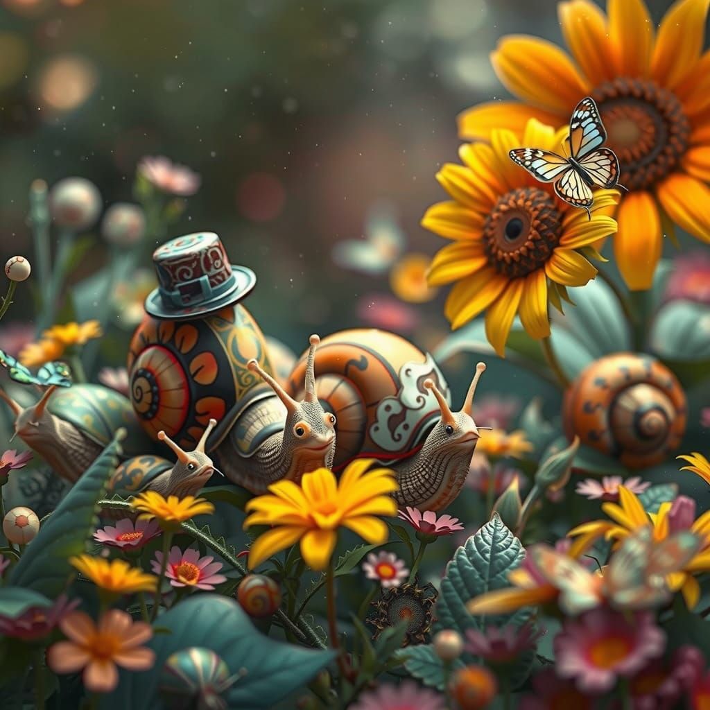Whimsical Garden Scene with Colorful Snails and Fluttering B...