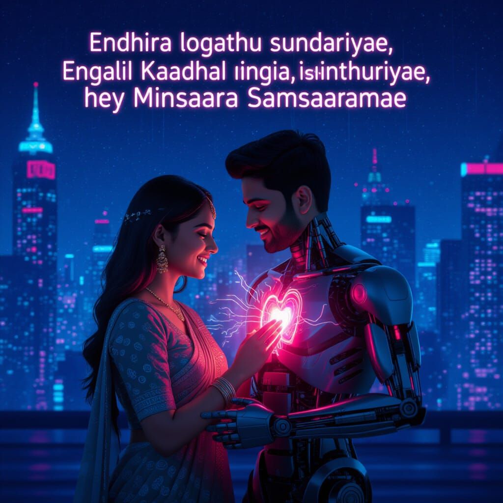 Futuristic South Asian Couple in Neon Cityscape