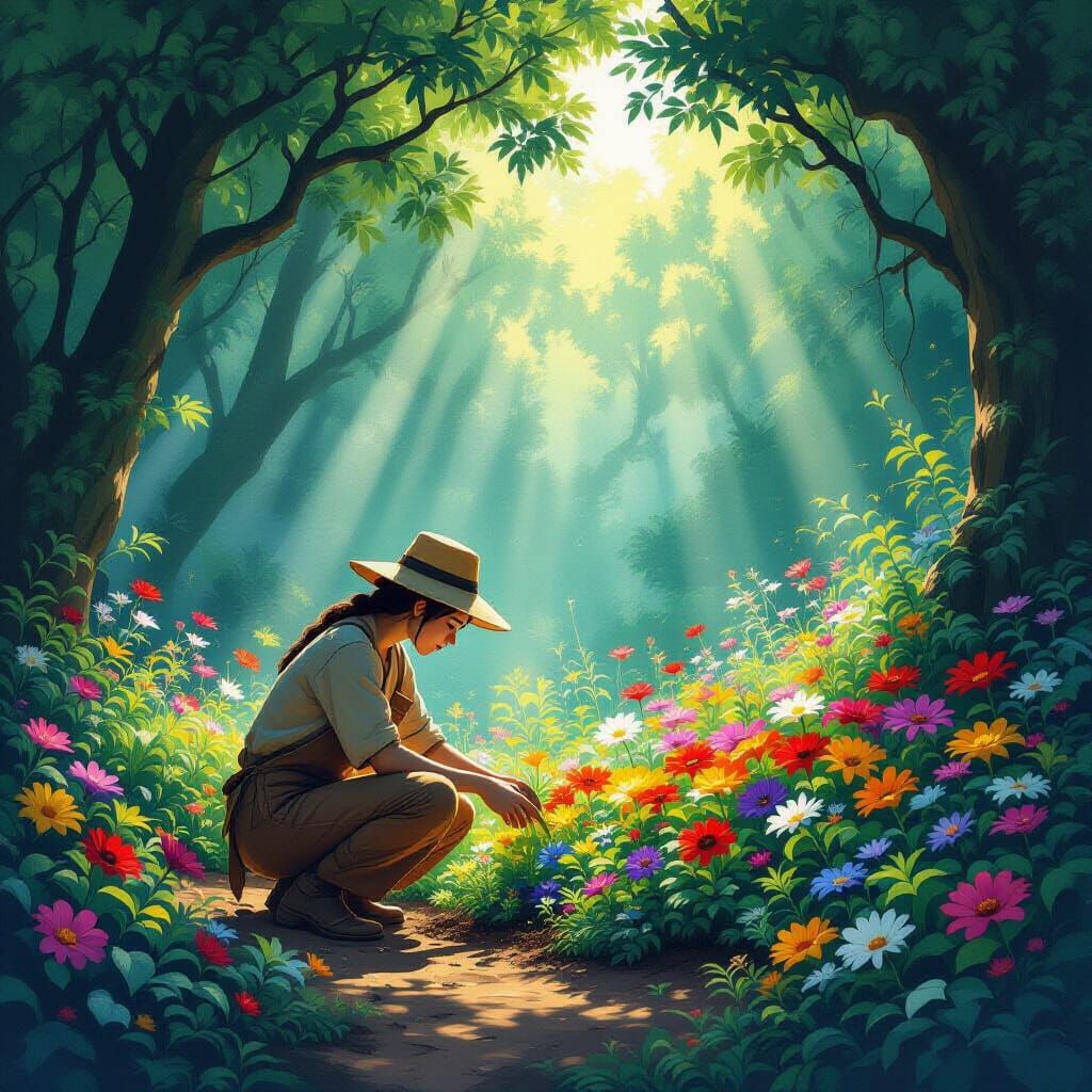 Gardener Tends Vibrant Flowers by Ancient Forest in Gouache ...