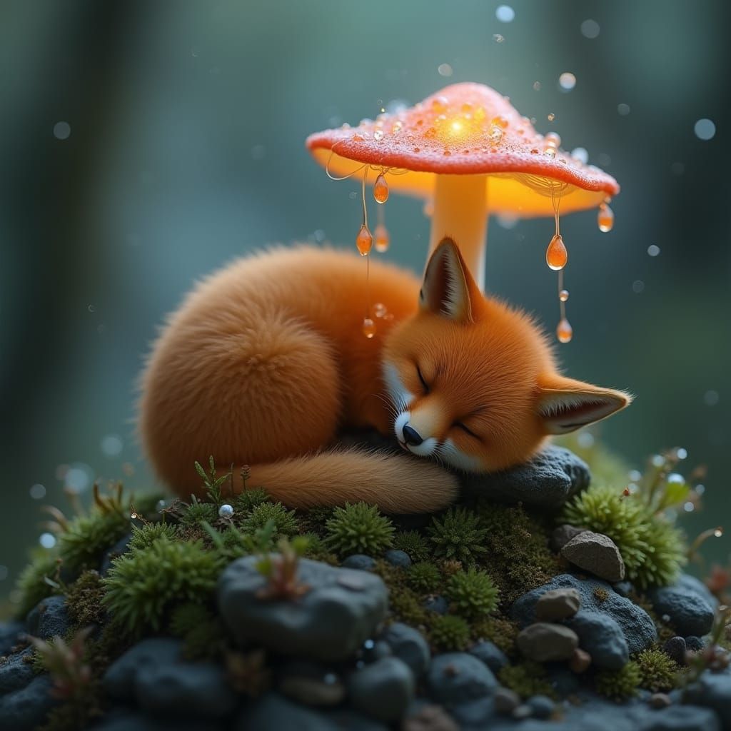 Dreamy Fox Asleep Under Mushroom in Ethereal Moonlight