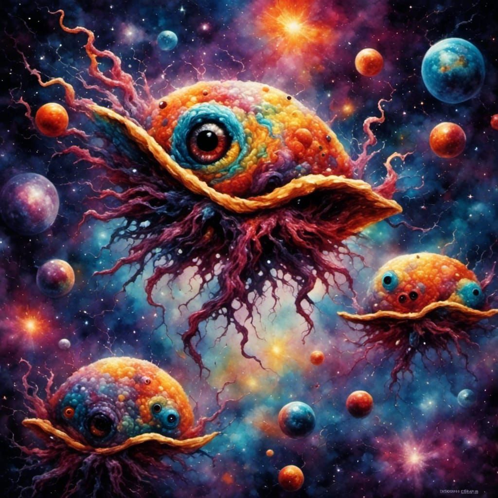 Colorful Galaxy Throwing Tacos with Shiny Stars