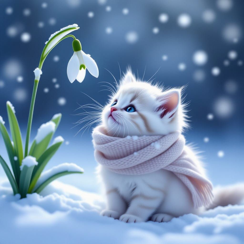 Fluffy Kitten Looks Up Under Snowdrop in Cinematic Style
