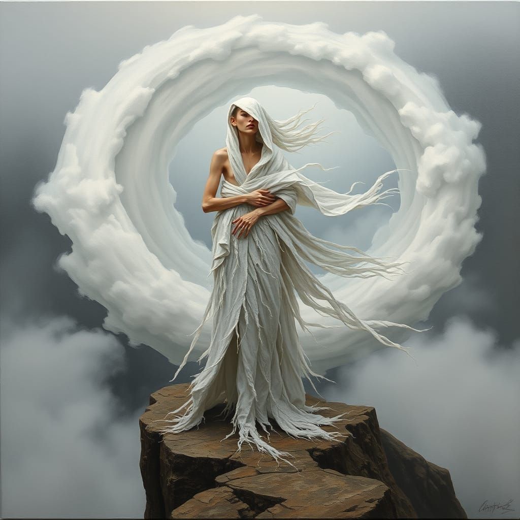 Ethereal Woman on Cliff in Surrealist Scene