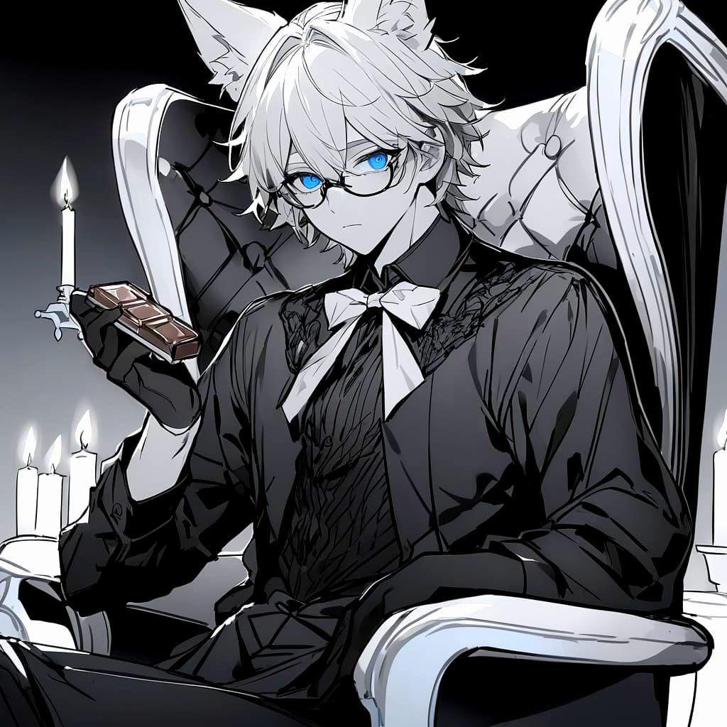 Fox-Eared Bishounen with Chocolate in Line Art Style