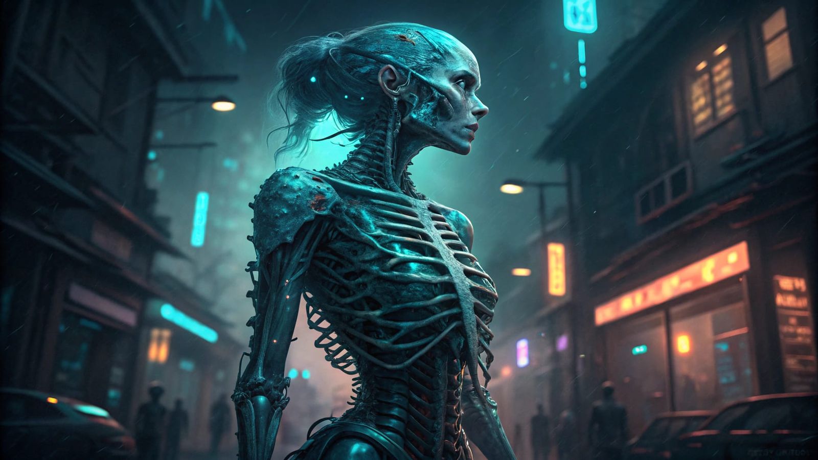 Corroded Biomechanical Cyberpunk Girl in Vermillion and Teal