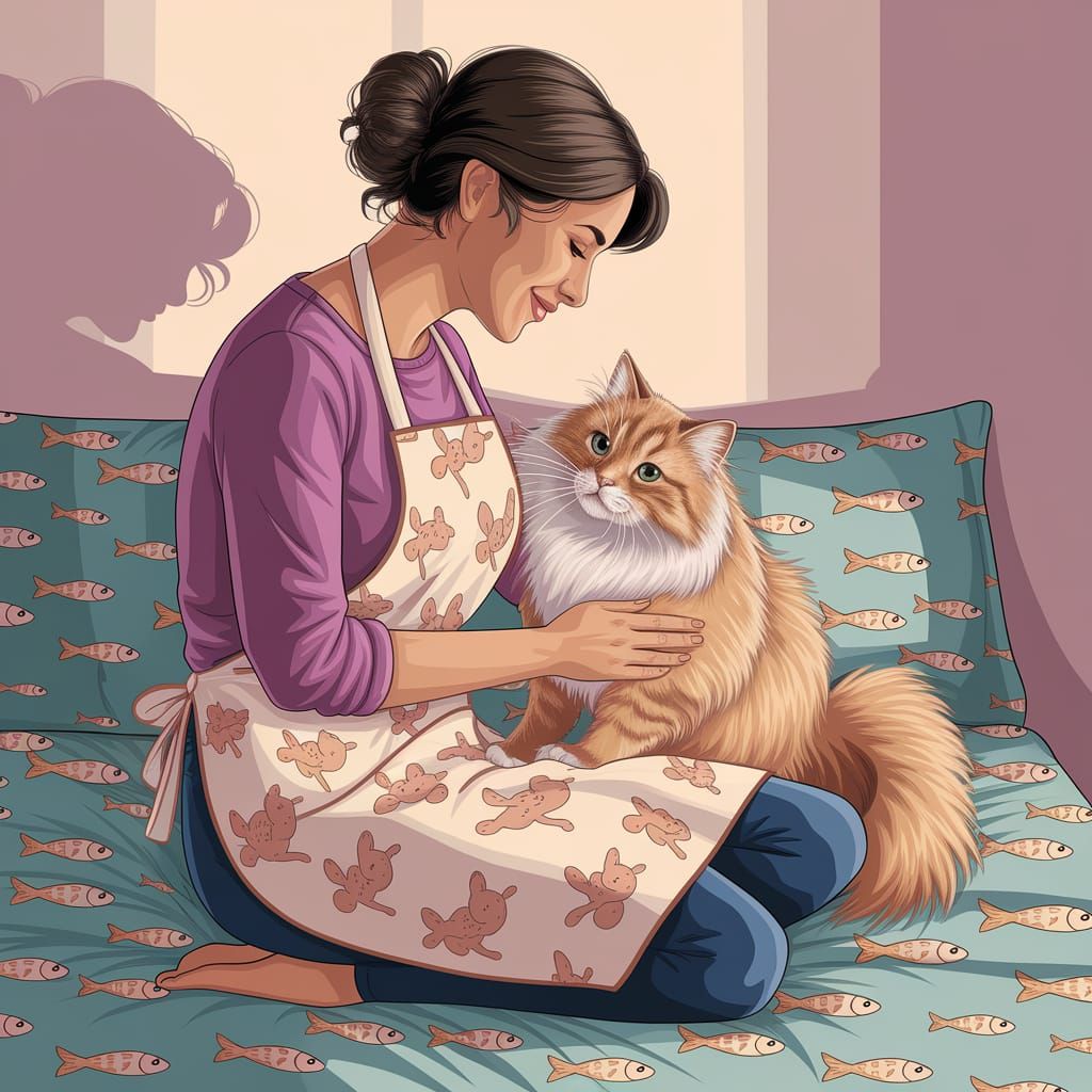 Whimsical Kitchen Scene with Adorable Angora Cat