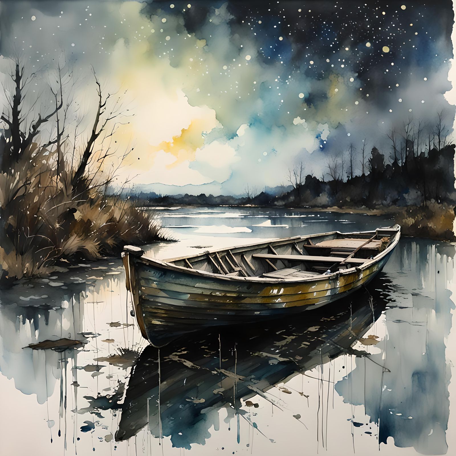 Watercolor Rowboat Under Starry Night Sky
