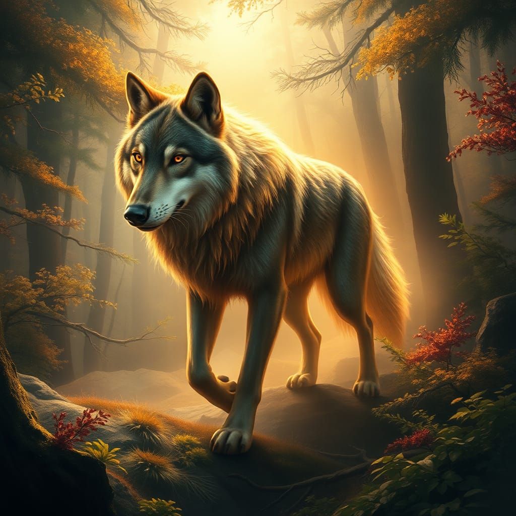 Ethereal Wolf Spirit in Vibrant Forest