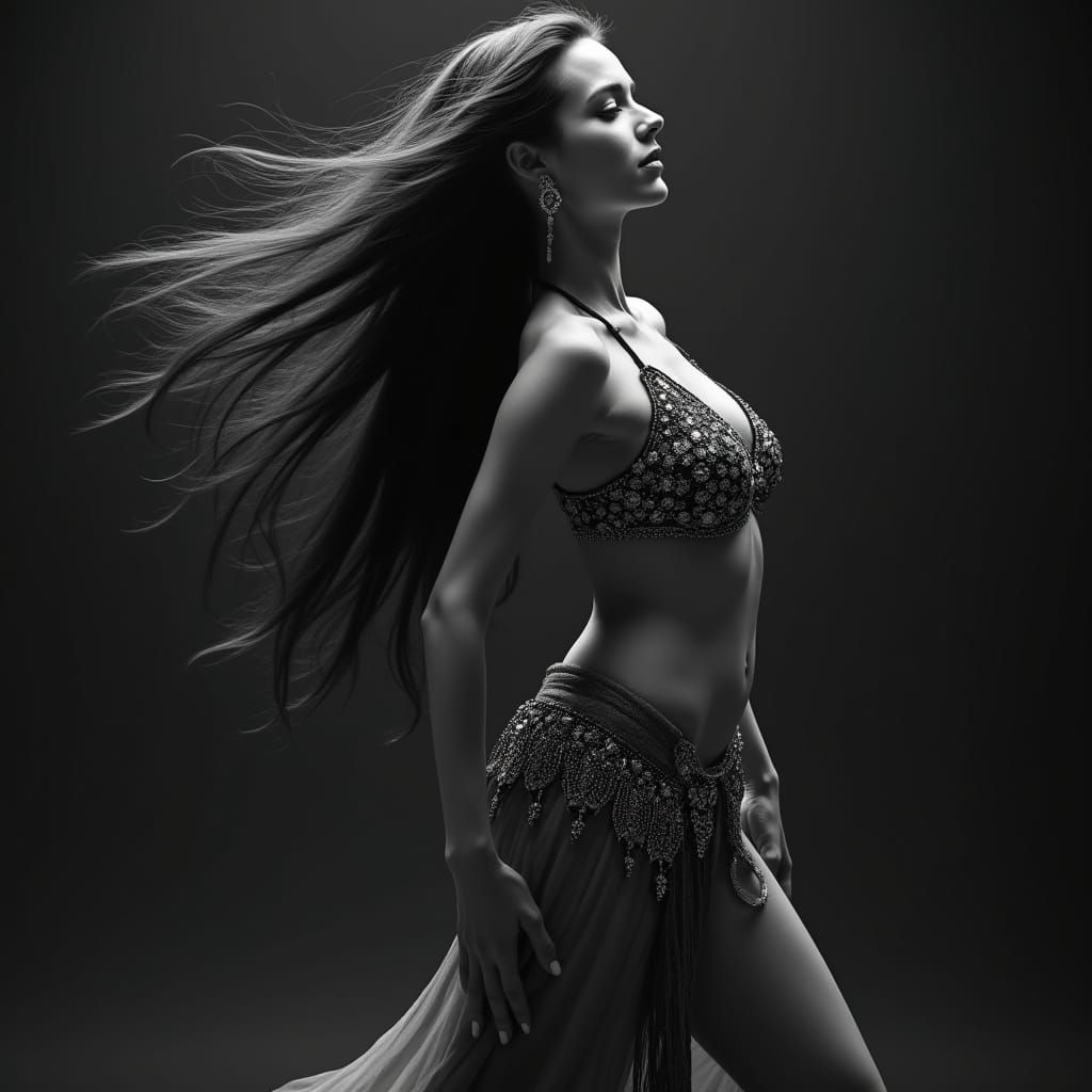 Belly Dancer in Hyperrealistic Black & White Photograph