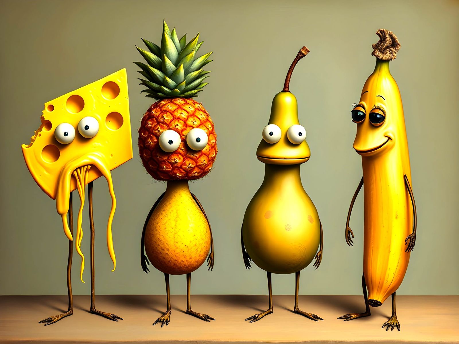 Whimsical Stick Figures with Food Heads, Arcimboldo Style