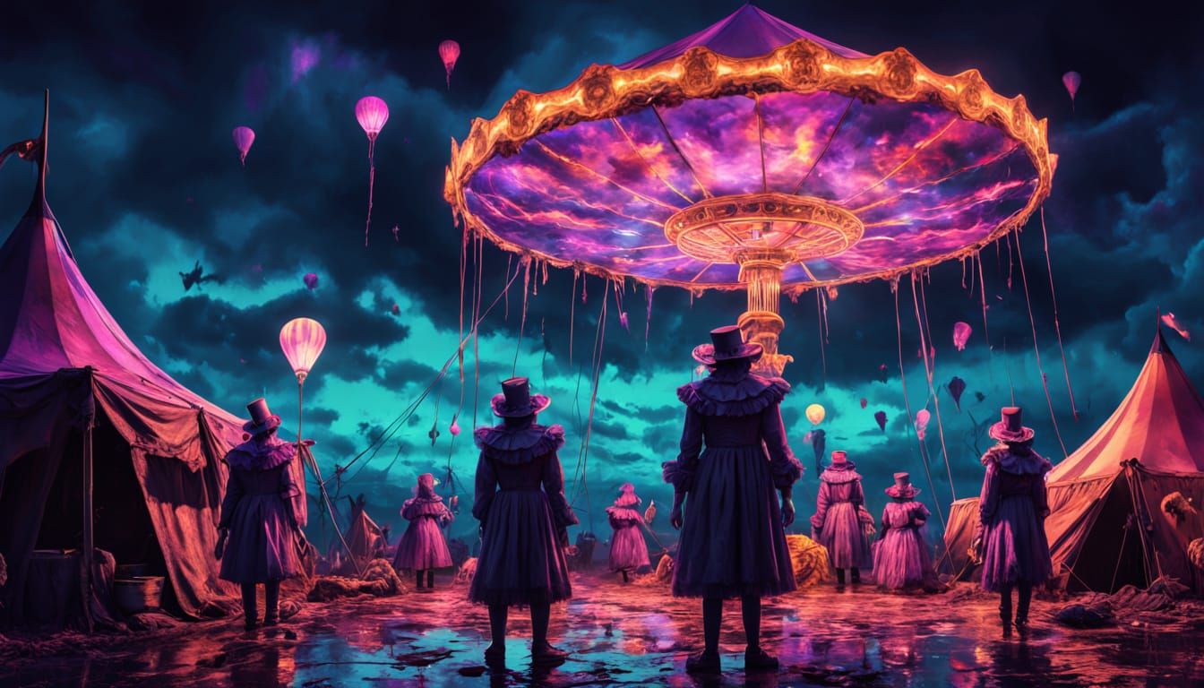 Ghostly Circus Spectacle in Vibrant Fluorescent Horrorcore