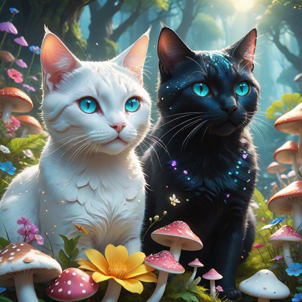 Two Cats in a Dreamy Anime Landscape