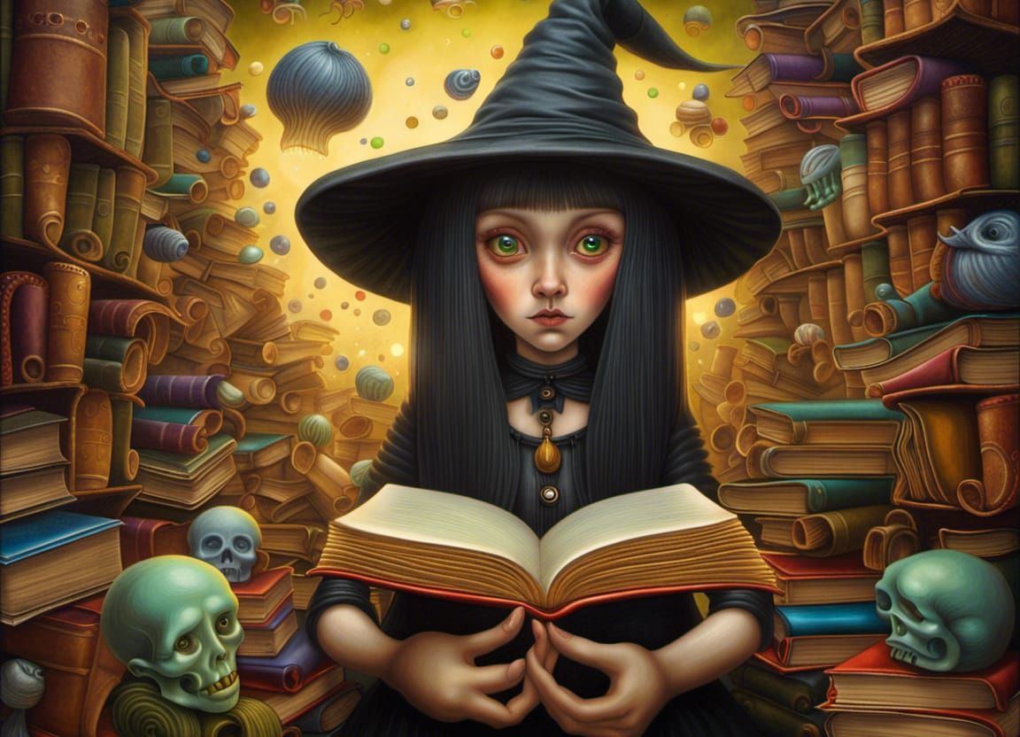 witch in her library