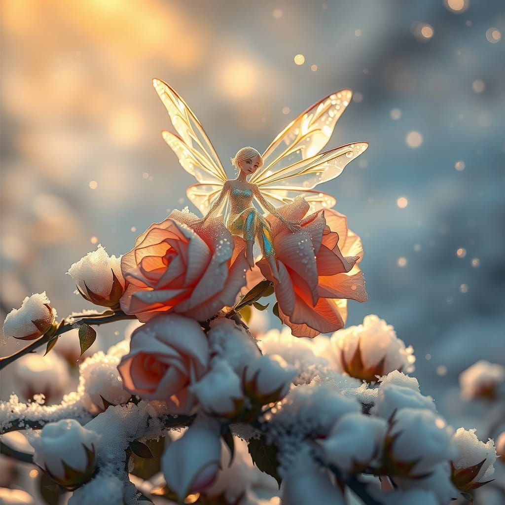 Stained Glass Fairy on Winter Rose Bush