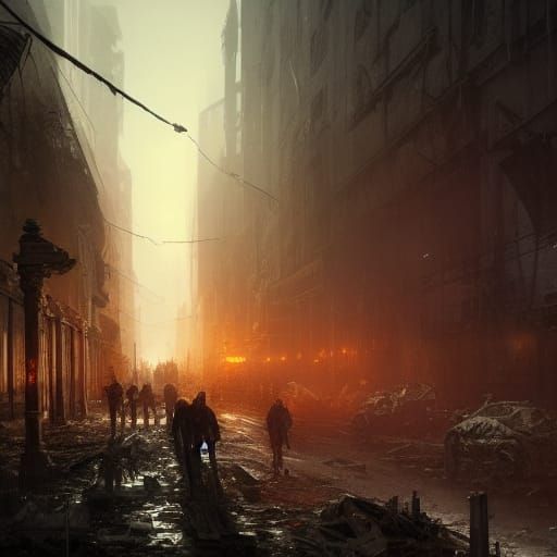 Zombies Lurking in a Destroyed City: Dark Fantasy Art