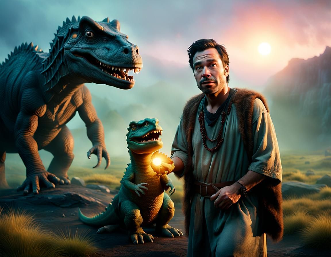 Prehistoric Jimmy Fallon with Pet Dinosaur, Photorealistic