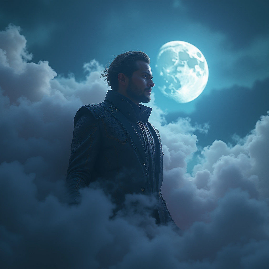 Hero Emerges from Smoke in Moonlit Fantasy