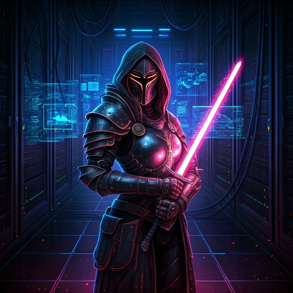 Cyberpunk Knight in Digital Hall