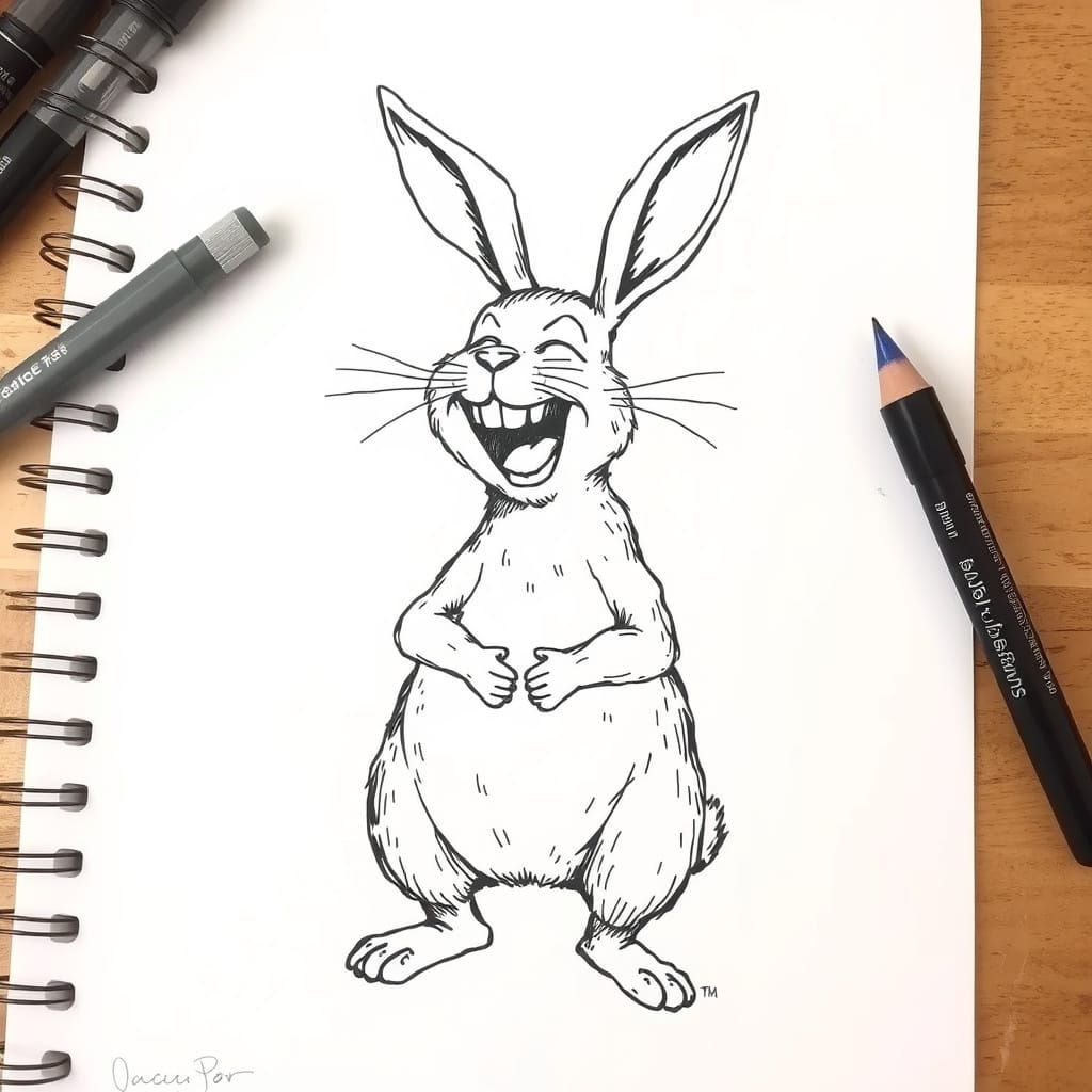 Whimsical Surrealist Doodle of Laughing Rabbit