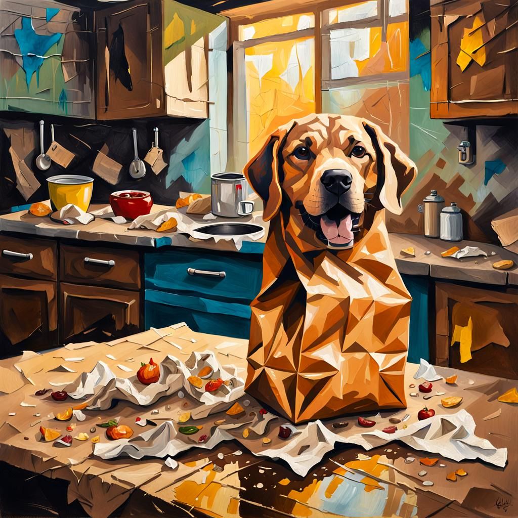 Expressive Oil Painting of Dog-Faced Leftovers Bag